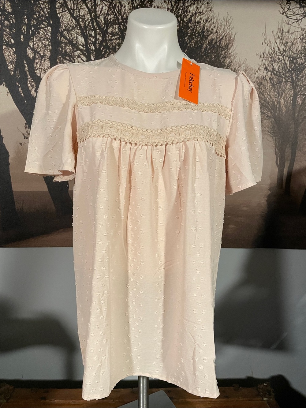 Falechay Light Pink Lace-Trim Blouse - L